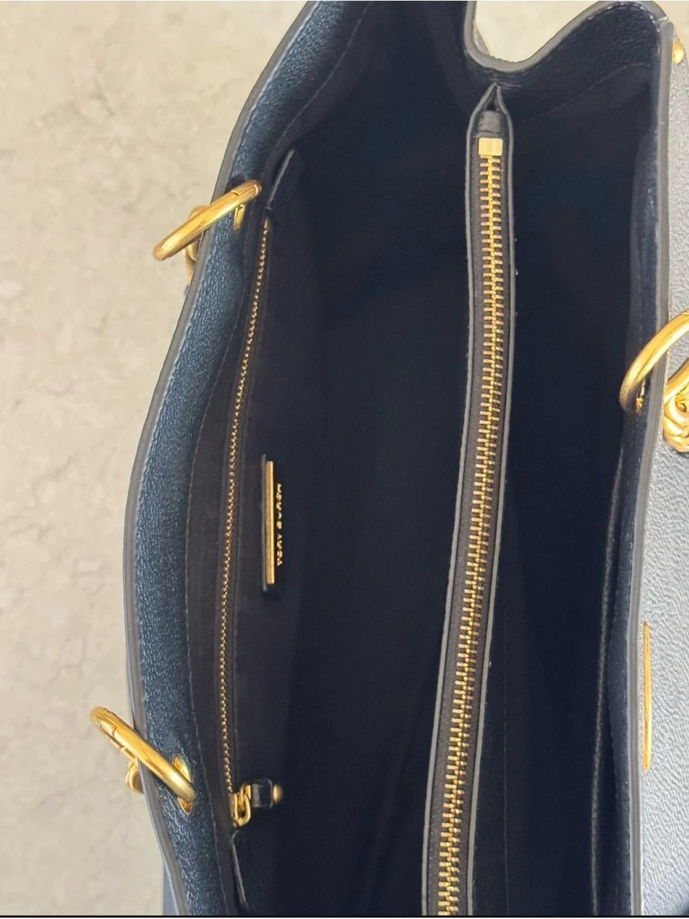Tory Burch Black Pebbled Leather Tote with Gold Logo and Chain Straps